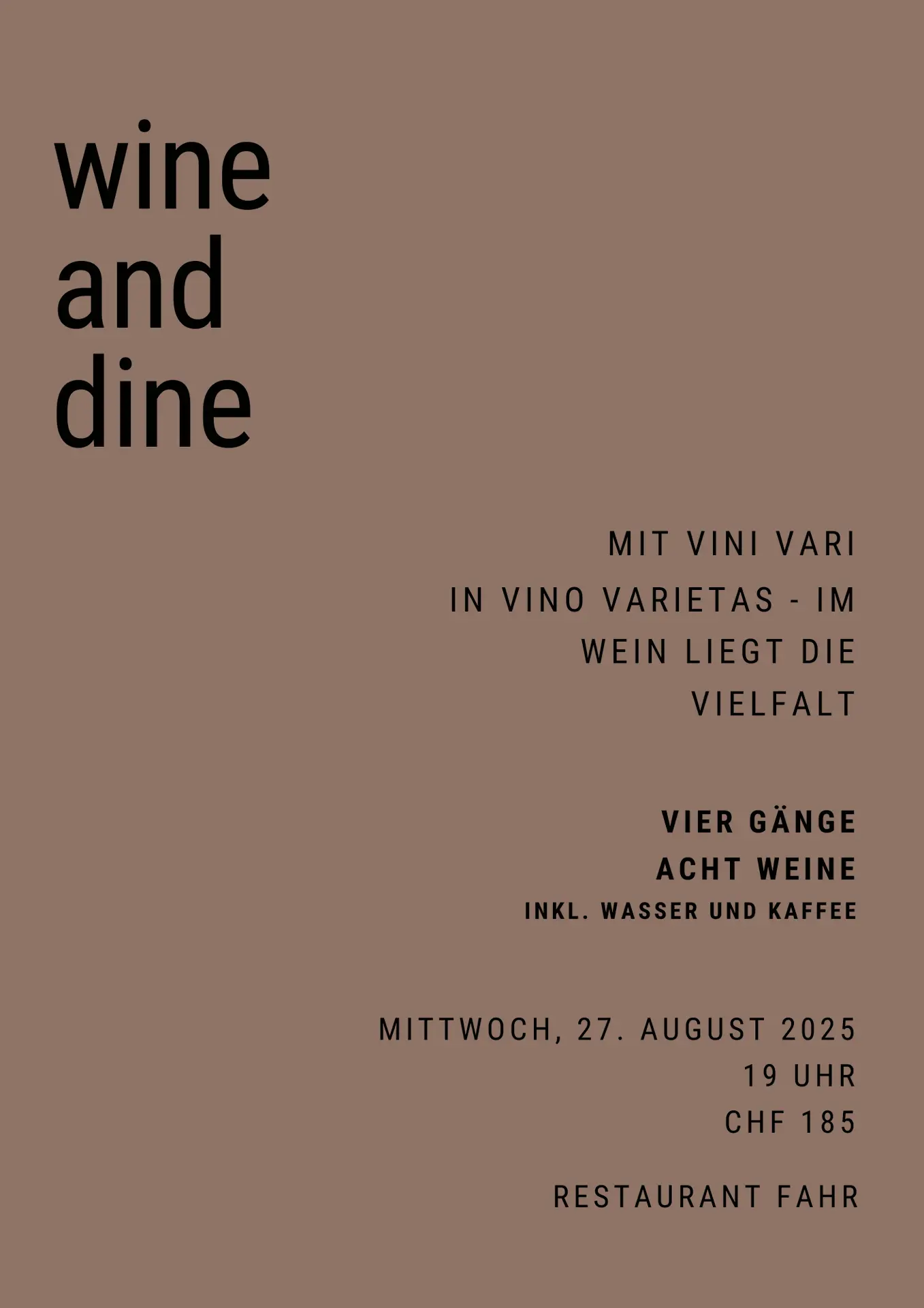 Wine and Dine am 27. August im Restaurant Fahr